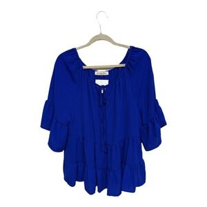 Vine & Love Boutique Royal Blue Short Sleeve Babydoll Top Blouse Size Large NWT